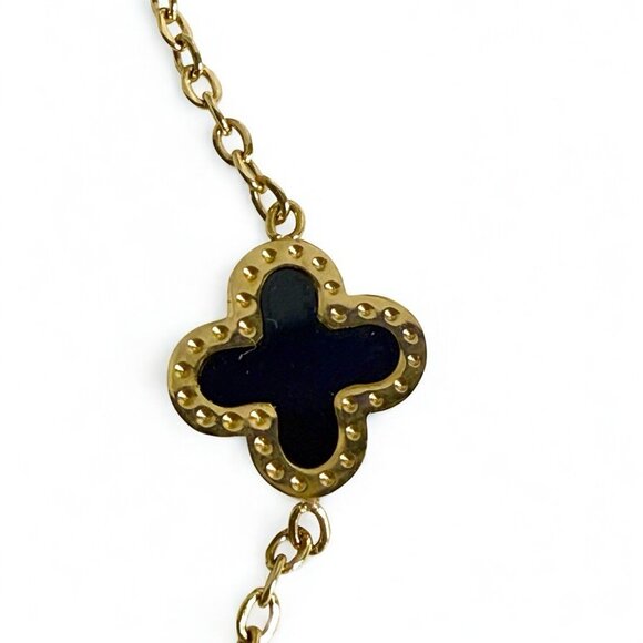 Gold Tone Stainless Steel Clover Station Necklace Black Enamel Choker - Picture 4 of 8